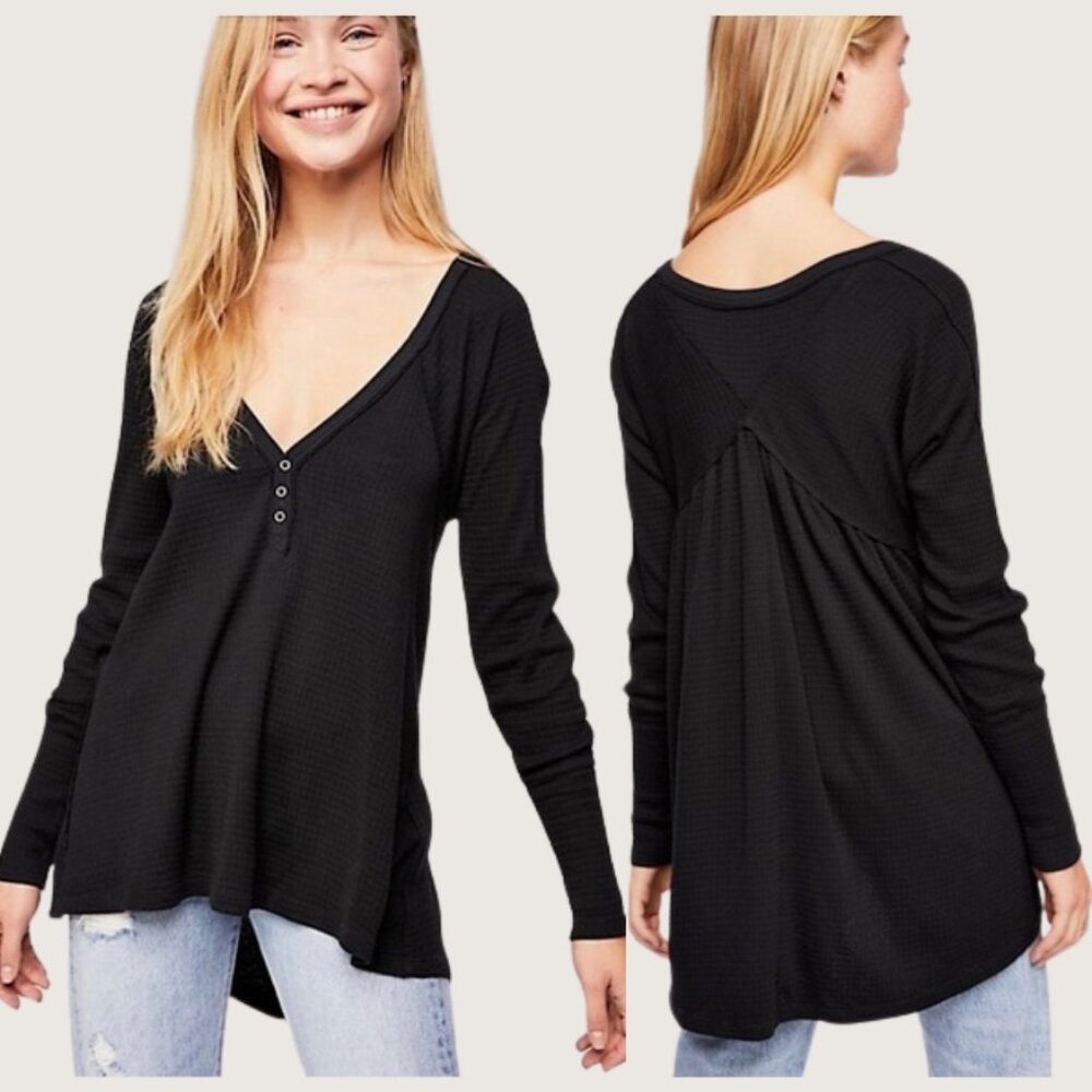 Free People Black Citrine High Low Waffle Knit Henley Tunic Top